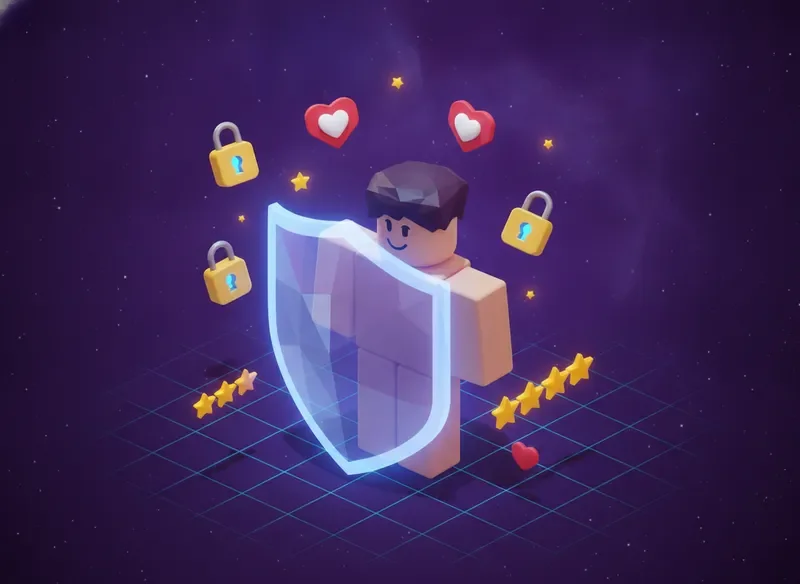 Roblox safety shield illustration with protective icons