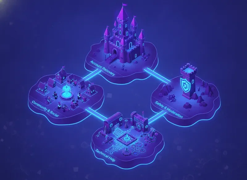 Isometric map of Roblox support realms with distinct zones